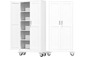 AUEYTVR 71" Tall Metal Garage Storage Cabinet with Wheels and Locking Doors and Tall Rolling Steel Tool Cabinet with 4 Adjustable Shelves for Garage,Home,Office,Shop (White)