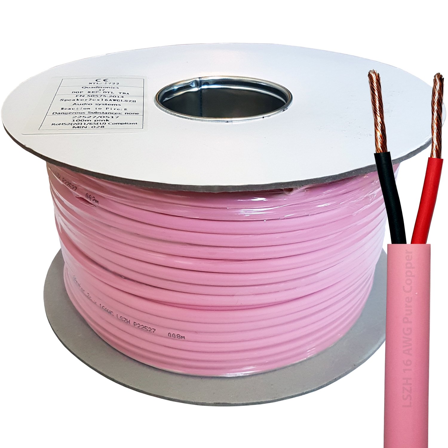 Pink Low Smoke (LSZH/LSHF), Double Insulated Speaker Cable Reel - 16AWG 1.5mm², PURE COPPER 100V Flex Audio Wire For Speakers & Amplifiers/Amp (100m Speaker Cable)