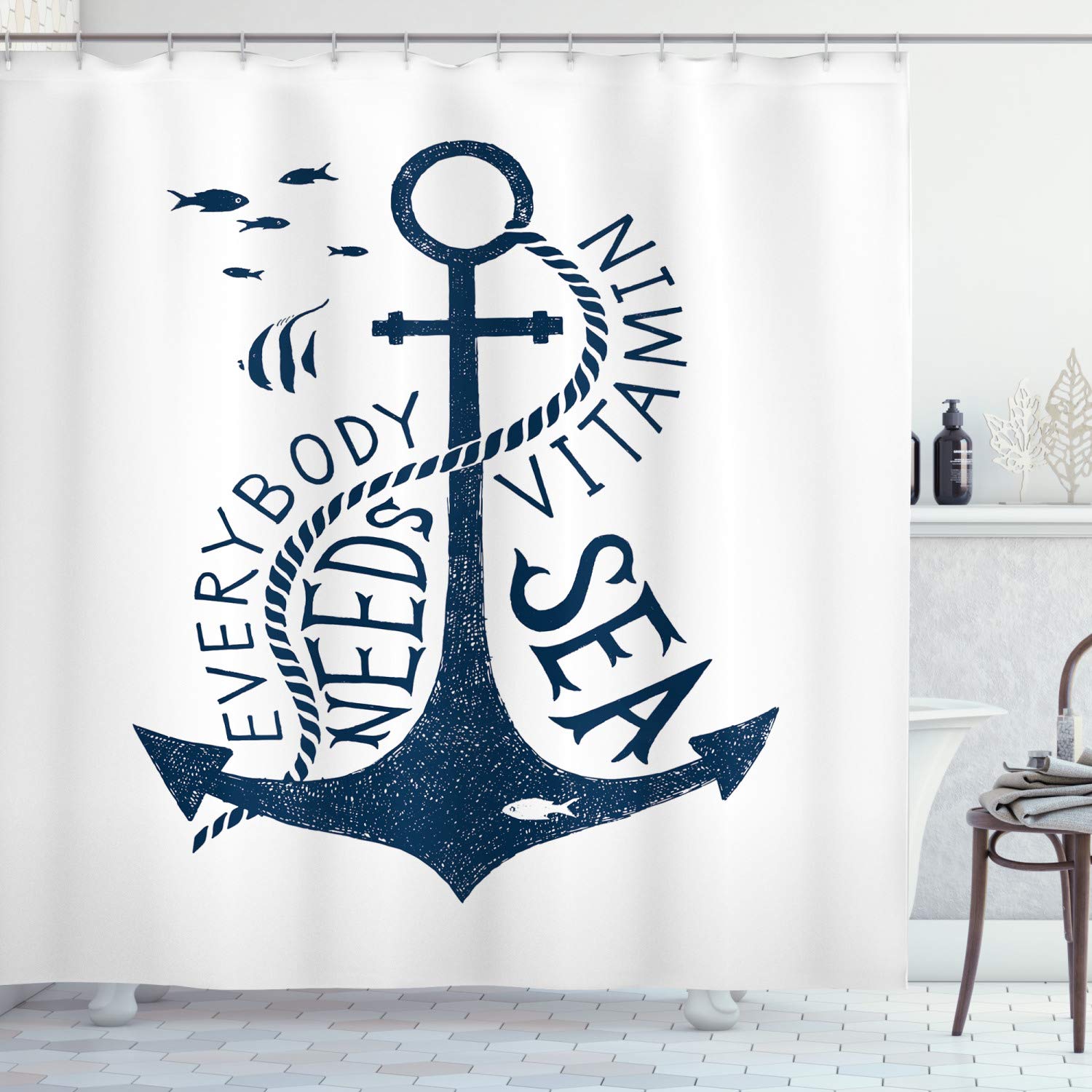 ABAKUHAUS Anchor Shower Curtain, Hand Drawn Everybody Needs Vitamin Sea Words Monochrome Fish Silhouette, Cloth Fabric Bathroom Decor Set with Hooks, 86 Inches Extra Long, Dark Blue and White