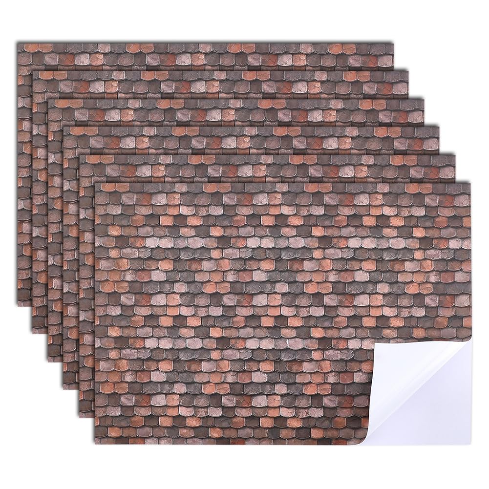 arricraft 6 Sheets Self-Adhesive Roof Tiles, Miniature Dollhouse Wallpaper Roofing and Flooring Decoration Coconut Brown Brick Wallpaper Peel and Stick for Dollhouses Scale 1:12, 11.3 x 8.23 Inch