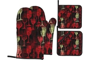 4 Piece Oven Mitts and Pot Holders Set Heat Resistant Oven Gloves and Potholders BBQ Gloves Hot Pads Wine Glasses Pattern Coo
