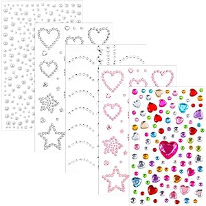 5 Sheets Adhesive Rhinestone Stickers, Face Gems for Face Eye Makeup Nail | Face Gems Stickers Self Adhesive, Heart Face Stic