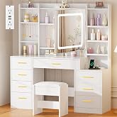 BEWISHOME Large Makeup Vanity Desk with Lights,12 Hooks and Cushioned Stool | White Vanity Table with Power Outlet,3 Lighting Modes,8 Drawers,7 Open Shelves and Nightstand,Dressing Table for Bedroom