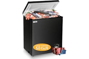 WANAI Chest Freezer 5.0 Cu.Ft Black Compact Freezer, Manual Defrost Deep Freezer with Storage Basket, Space-Saving Flat Back, Stay-Open Lid, Side-Access Drain for Home Basement Cottage Business