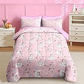 Nesker 7 Pcs Comforter Set Full Size, Cute Unicorn Rainbow Bedding for Kids Teen, Pink Kawaii Moon with Fitted Sheet 2 Pillowcases & 2 Shams for Bedroom Bed Decor