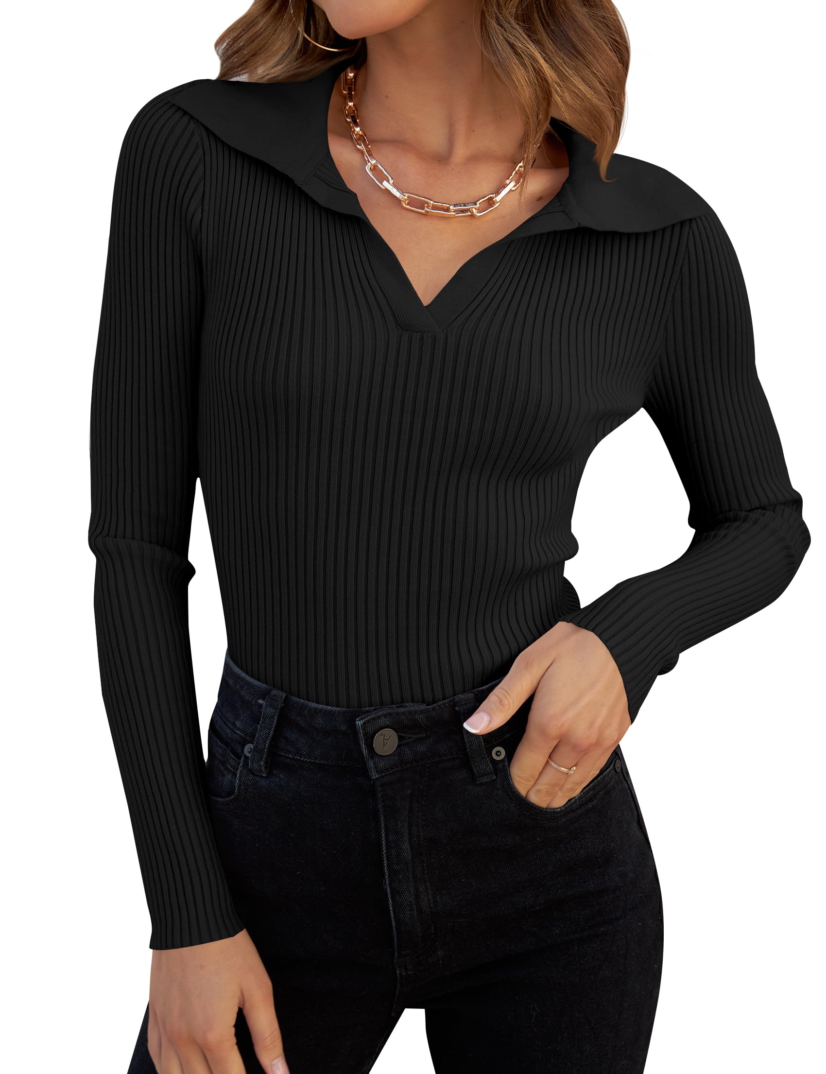 Photo 1 of ZESICA Sweaters for Women 2025 Fall Long Sleeve V Neck Ribbed Knit Pullover Tops Casual Slim Fit Basic Tee Shirts,Black,Small