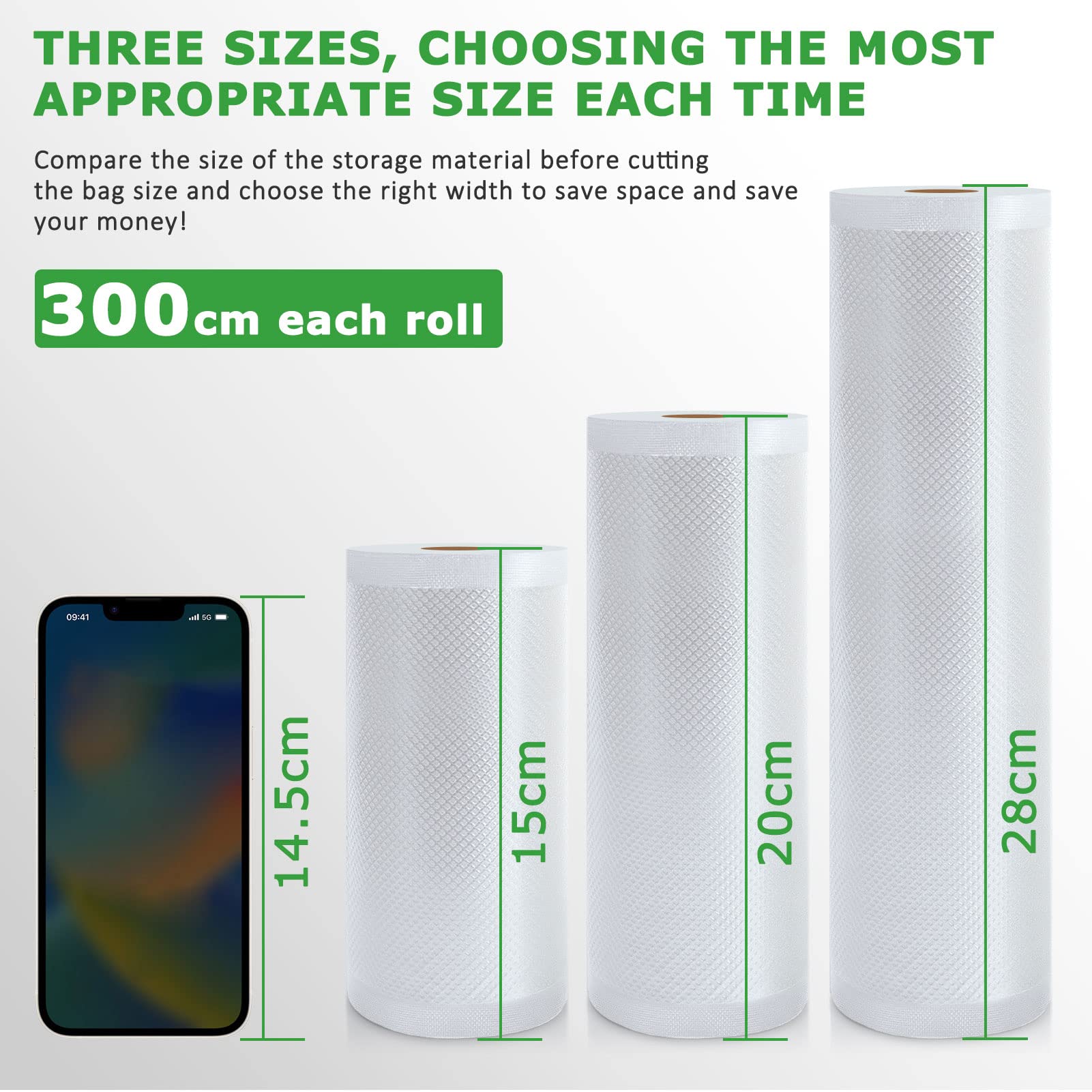 Anysea Vakuumierbeutel Vakuumierfolie Vakuumbeutel Lebensmittel Vakumierfolienrollen: Sous Vide Beutel Folienrollen für Folienschweißgerät Vakuumierer, BPA frei 15x1/20x2/28x3/300cm 6 Rollen Folien 5