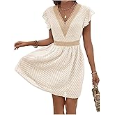MakeMeChic Women's Contrast Lace Mini Dress Ruffle Sleeve V Neck Boho Beach Vacation Summer Dresses