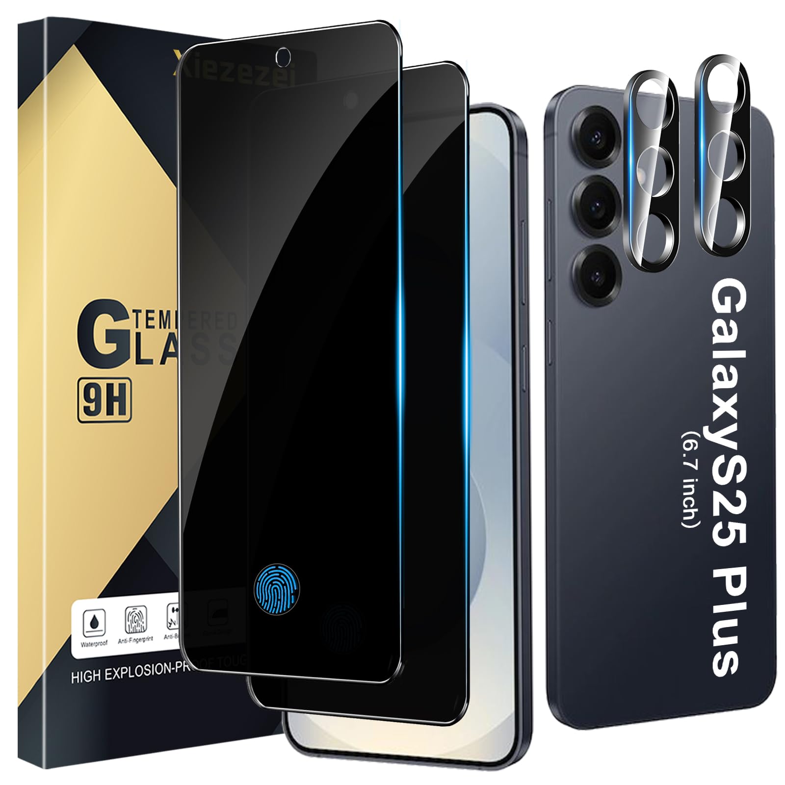Xiezezei [2+2 Pack] Privacy Screen Protector Compatible with Galaxy S25 Plus 5G - 2 Tempered Film with 2 Camera Lens Glass - High Clarity - Anti-Spy Protection - Scratch Resistant - Easy Installation