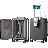 mixi Carry On Luggage with Cup Phone Holder and Charger Hard Shell Suitcases with Spinner Wheels,20 Inch Rock Gray