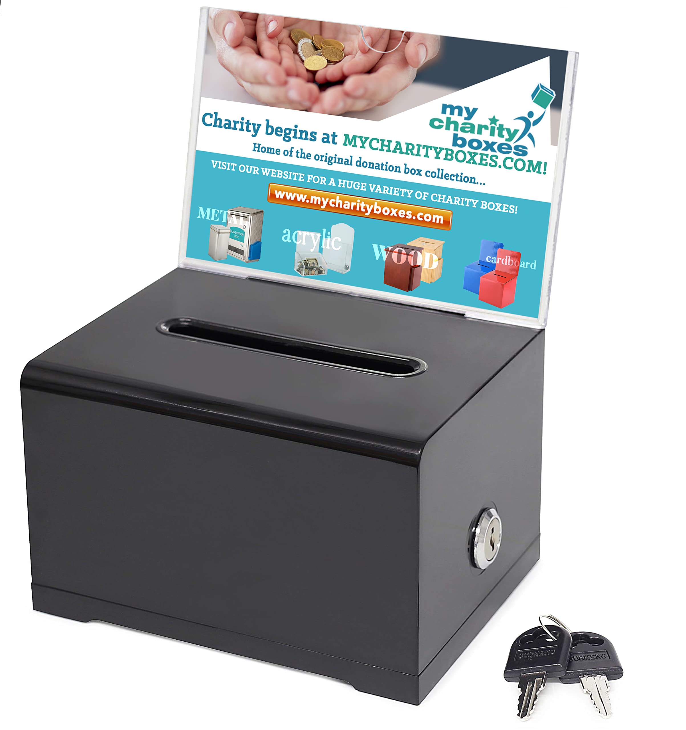My Charity Boxes MCB Quality Acrylic like Donation and Suggestion Ballot Box with Lock - Secure and Safe Drawing ticket Box - Great for Business Cards and events (Black) (AC-32)