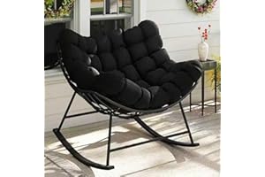 Kromax Oversized Outdoor Papasan Rocking Chair, Wicker Egg Chair Rocker for Outside, Supports 350 lbs, Comfy Patio Rocker, Large Indoor Rocking Recliner, Modern Egg Style, Black