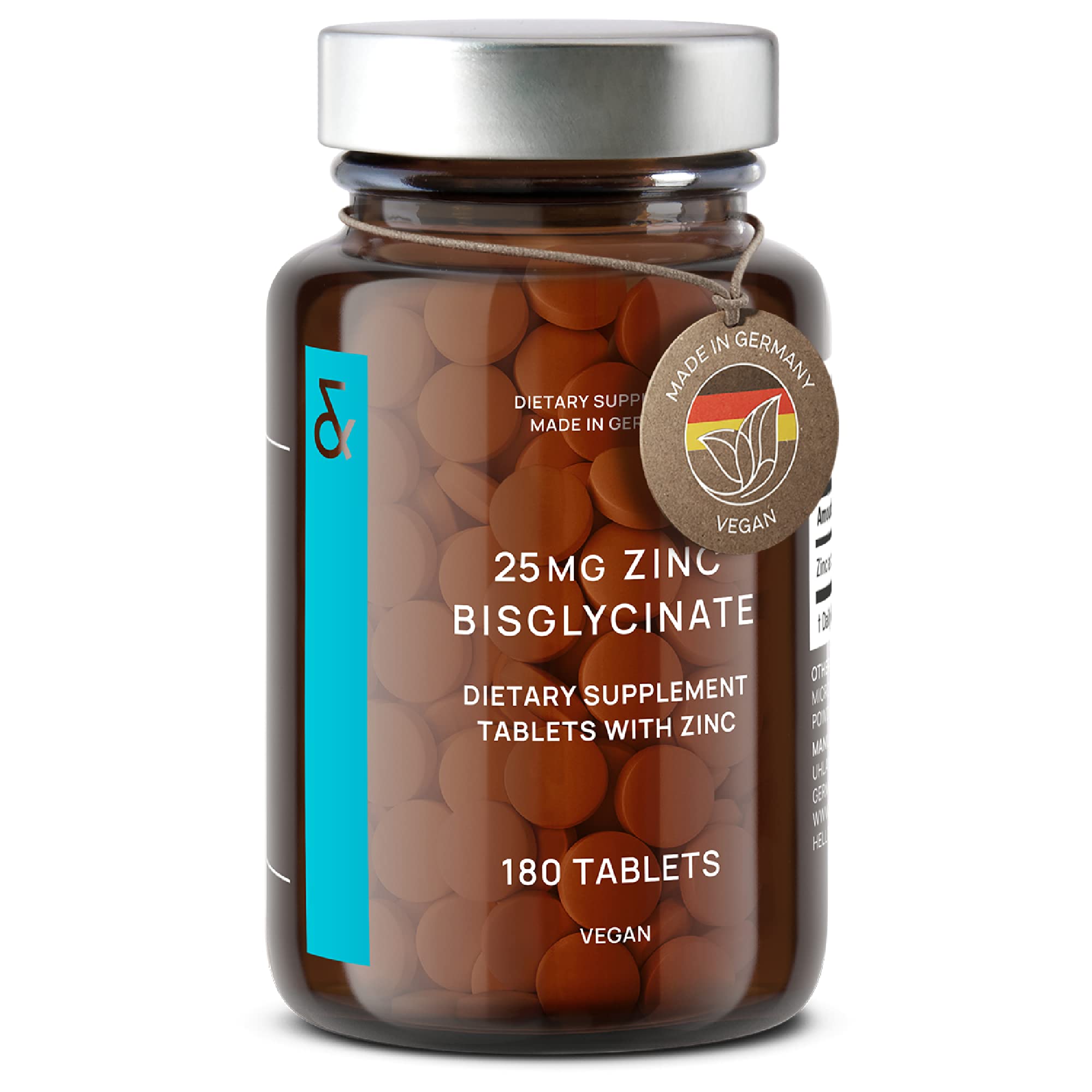 Zinc 25mg Vegan Certified - 180 Elemental Zinc Tablets in a Jar (6 Months Supply) - High Strength Zinc Bisglycinate Mineral Supplement - Supports Immune System, Hair, Skin & Nails for Women & Men