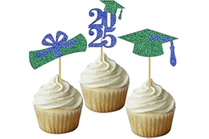 DOMOO OF DREAMS Graduation Cupcake Toppers Grad Party Decoration Food Picks Congrats Glitter Diploma Cap School Colors Supplies 24 PCS Blue Green