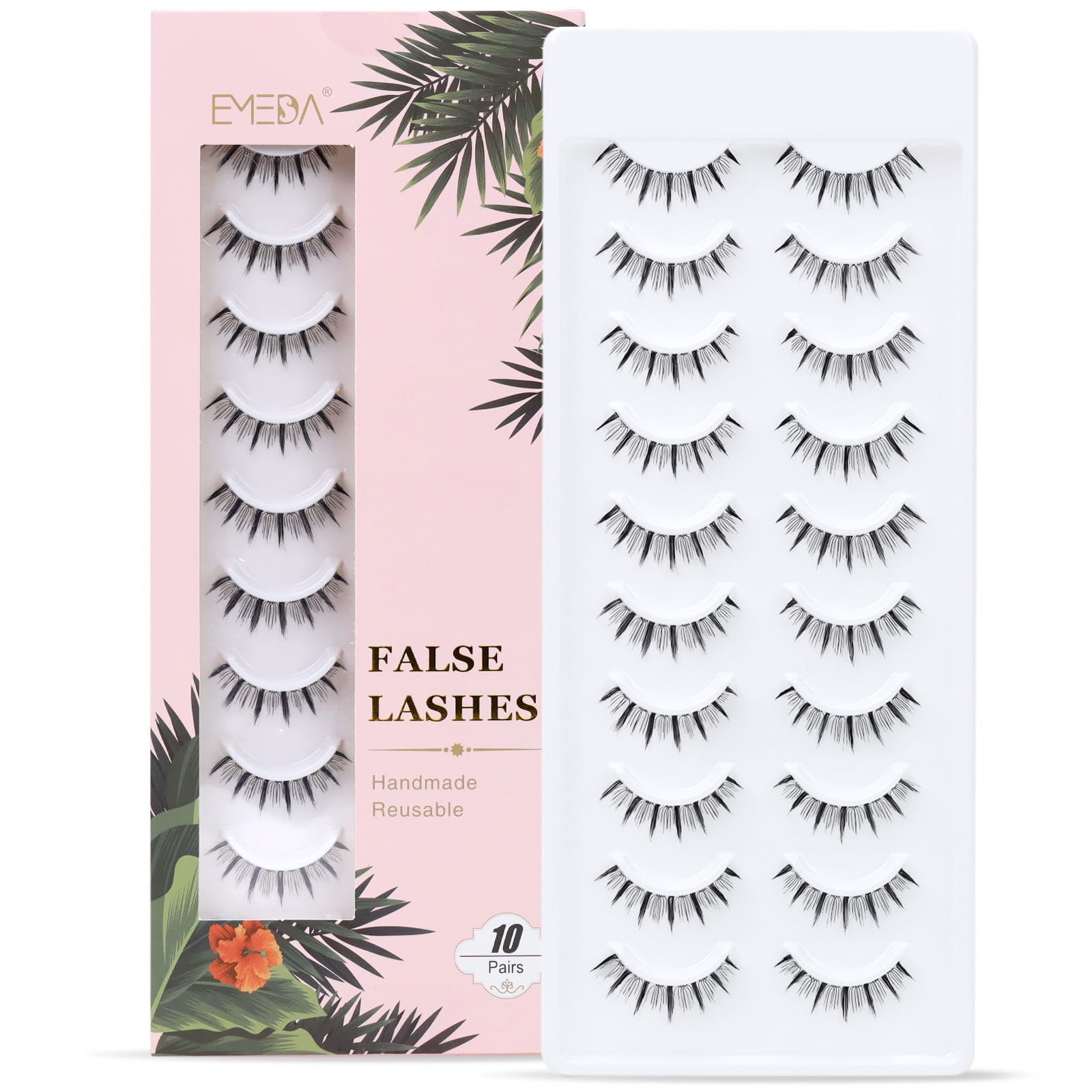 EMEDA Natural False Eyelashes 10 Pairs Clear Band Natural Lashes Soft Wispy Fake Lashes Manga Lashes Multipack Transparent Strip Eyelashes Handmade Eye Lashes (Esabel 13)