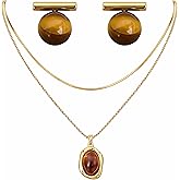 Brown Jewelry Sets for Women, Tiger Eye Energy Necklace & Earrings Clips Set in 925 Sterling Silver, Japanese Yamanashi Craftsmanship, Mirror Polished Gold Talisman for Confidence & Protection