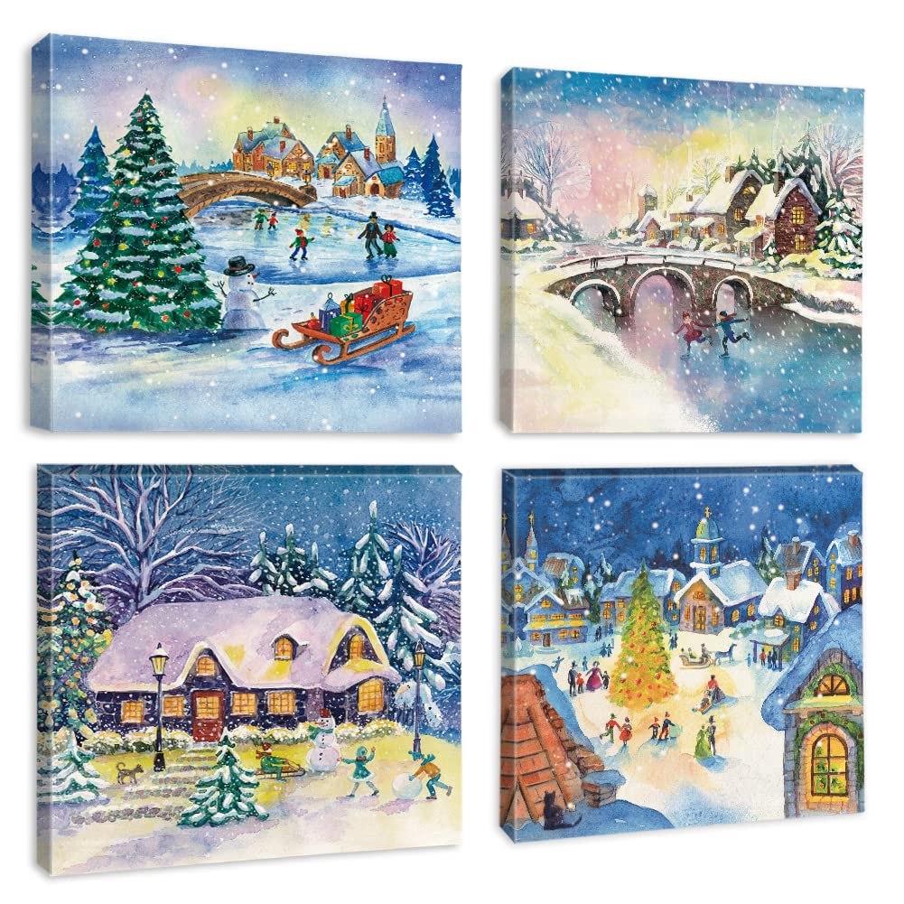 Artscope 4 Pieces Christmas Wall Art Canvas Prints - Snow Scene Picture Painting - Modern Wall Artwork Framed for Gifts Bathroom Home Kitchen Office Christmas Decor - 30 x 30 CM