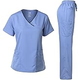 Dagacci Medical Uniform® Scrubs for Women Set – Natural Stretch Contrast Binding Top and Pants Sets for Women – 9 Pockets