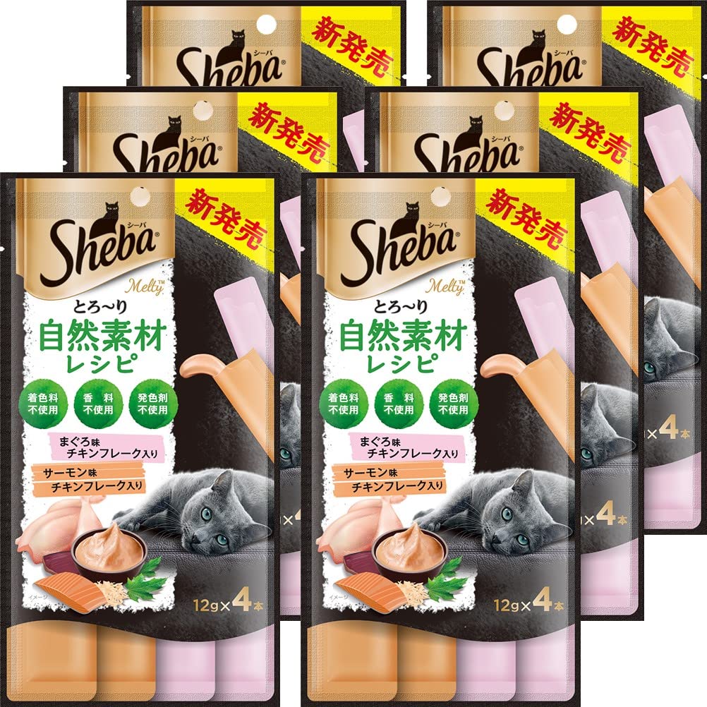 シーバ とろ~り メルティ 自然素材レシピ 猫用おやつ まぐろ味とサーモン味セレクション フレーク入り 成猫用 12g×4P×6袋(まとめ買い)商品画像