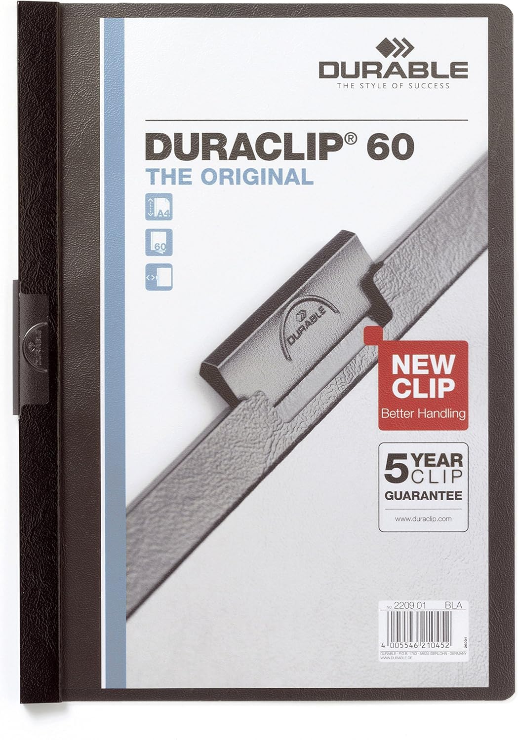 Durable DURACLIP 60 A4 Clip Folder - Holds up to 60 Sheets of A4 Paper - Robust Metal Sprung Clip - Pack of 5 Folders in Black