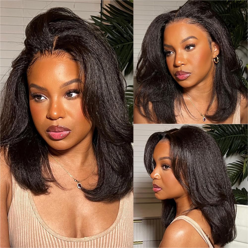Human Hair Wig For Women Yaki Straight Human Hair Glueless Wig 13x6 HD Lace Front Wigs Human Hair Pre Plucked With Baby Hair 180% Brazilian Real Human Hair Lace Frontal Yaki Wig 16 Inch