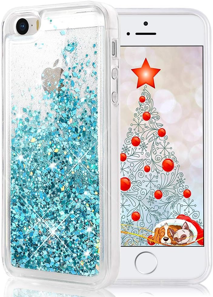 Maxdara iPhone SE Case, iPhone 5 5S Case, Glitter Liquid Bling Sparkle Girls Protective Case Pretty Fashion Creative Design for Children Gifts(Teal)