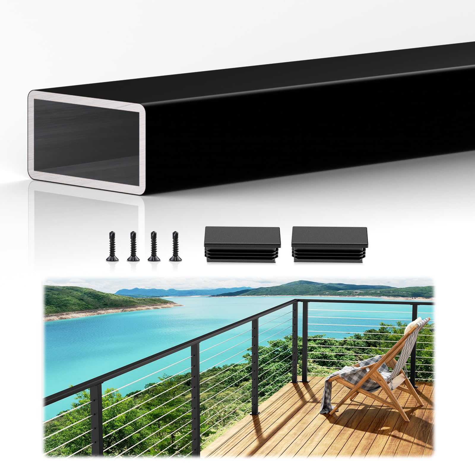 Photo 1 of 1 Pack 10FTx 2-3/8"x1-3/16 Aluminum Black Handrail with Nylon End Caps Self Drilling Screws, Rectangular Handrail Cuttable Flat Top Rail for Deck Stair Railing Indoor Outdoor Cable Railing System