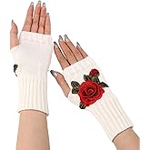 DUNKOING Fingerless Gloves Knitted Flower Winter Glove Half Finger Warm Mittens for Womens Girls Ladies Handmade Embroidery