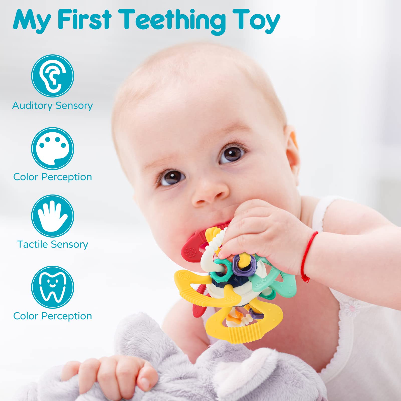 Teething Toys for Babies 0-6 Months: Sensory Toys for Infant - Newborn Gifts for Boys Girls Baby Toys Learning Developmental Chewable Freezable Rattle