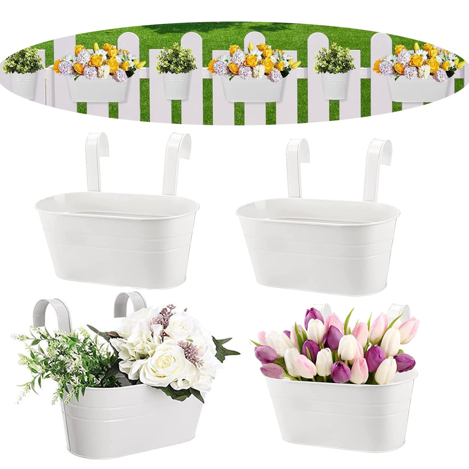 BSTMOME 4 Pack Hanging Flower Pots, Garden Pots Balcony Planters, Metal Bucket Flower Holders Wall Hanging Decor Pot with Detachable Hooks for Railing Fence Balcony (White)