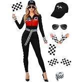 AOTHSO 7 PCS Halloween Women's Racing Driver Costume Set Black Jumpsuit, Checkered Gloves, Sunglasses, Flags, Belt, Hat