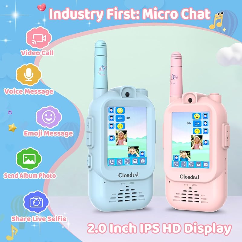 Vidéo Talkie Walkie Enfant Longue Portée Rechargeable, Cadeau Garçon et Fille 3-12 Ans, Écran LCD 2", Appel Vidéo, 6 Effets Vocaux, Appareil Photo, 23 Émoticônes, Bleu et Rose, Pack de 2