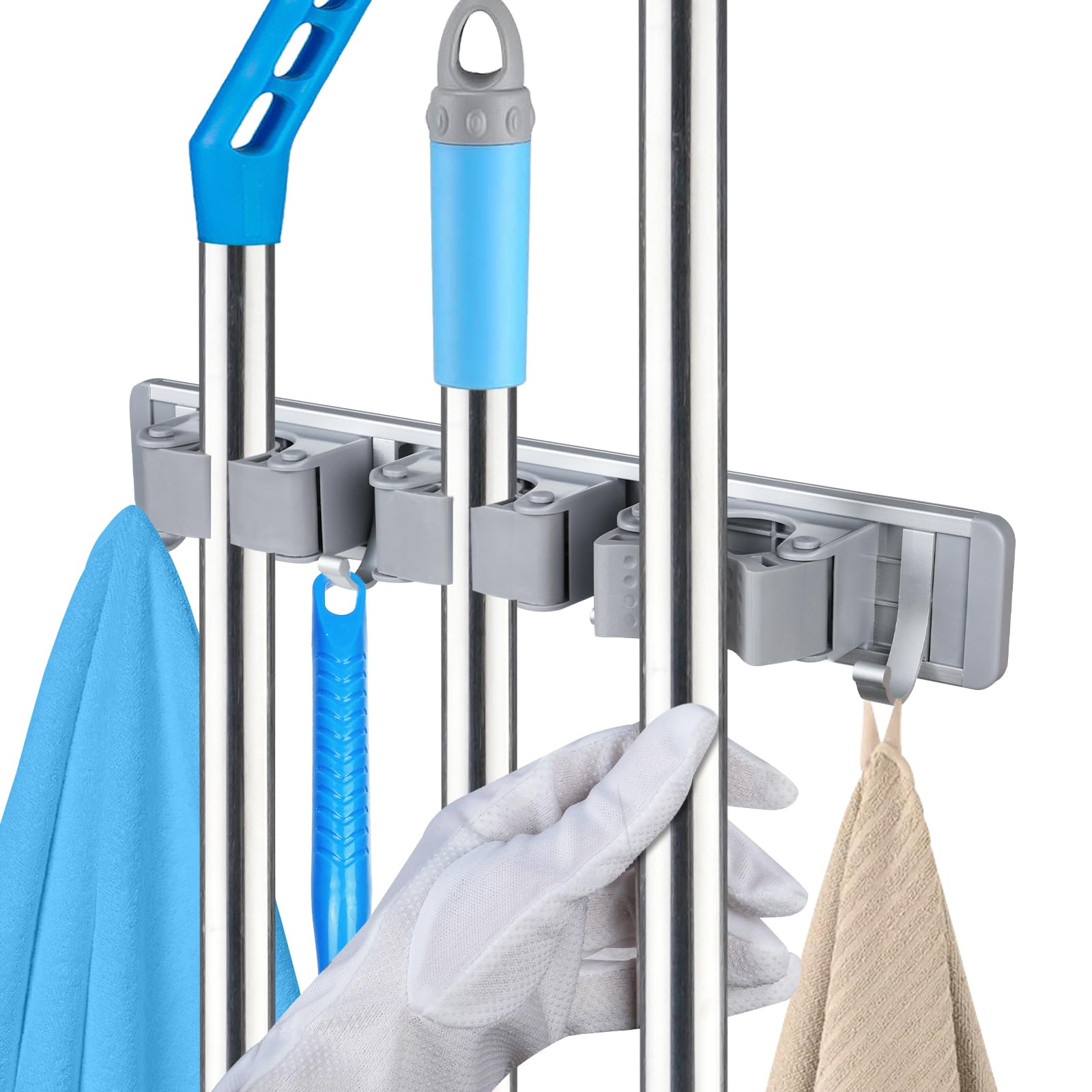 Vicloon Broom Mop Holder, Broom Holder Wall Mounted Gripper with 3 Slot 4 Hooks, Heavy Duty Brooms Storage, Brush Holders Hanger, Brush Holders Hanger for Brooms Cupboard Kitchen Garage Garden