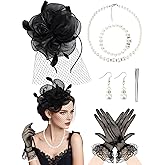 DTOFOOT Tea Party Outfits for Women, Funeral Fascinators Veil Mesh Headband Feather Derby Hat Lace Gloves Pearl Jewelry Set