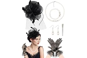 DTOFOOT Tea Party Outfits for Women, Funeral Fascinators Veil Mesh Headband Feather Derby Hat Lace Gloves Pearl Jewelry Set