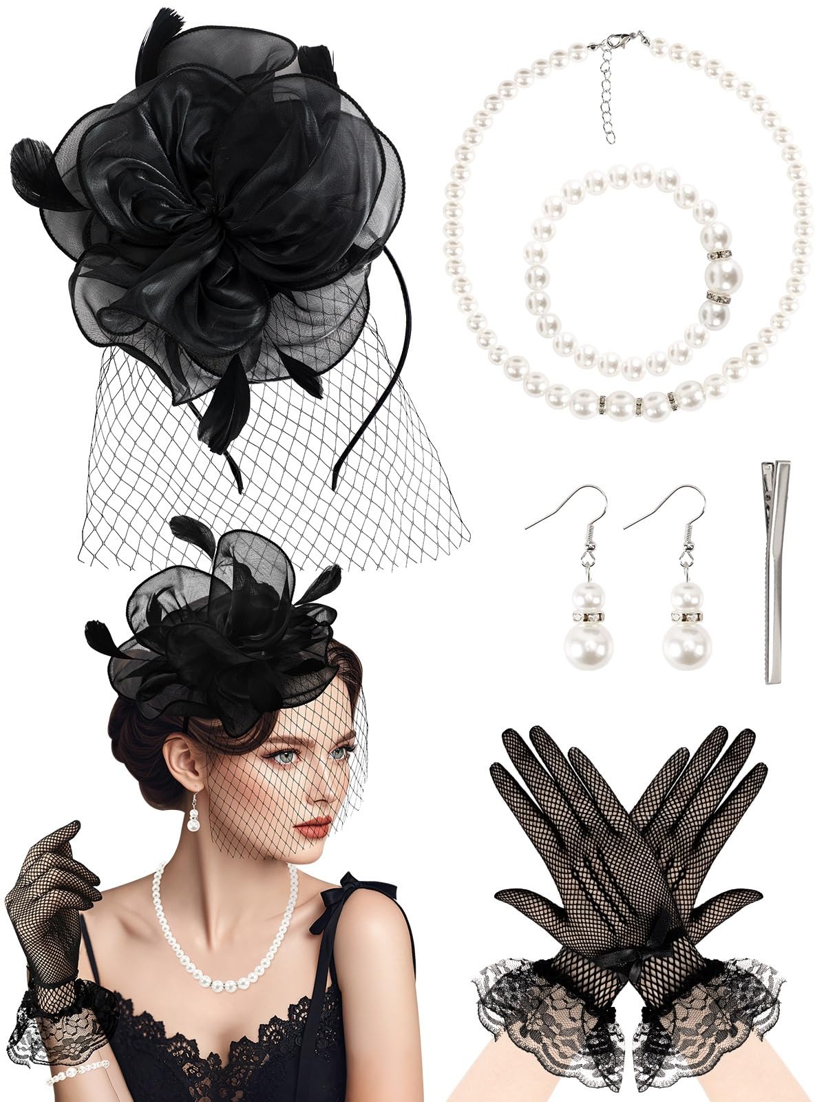 Photo 1 of DTOFOOT 5 Pack Fascinators Hat for Women Funeral Veil Hat Tea Party Veil Mesh Headband Feather Derby Hat Lace Gloves Pearl Jewelry Set for 1920s Party