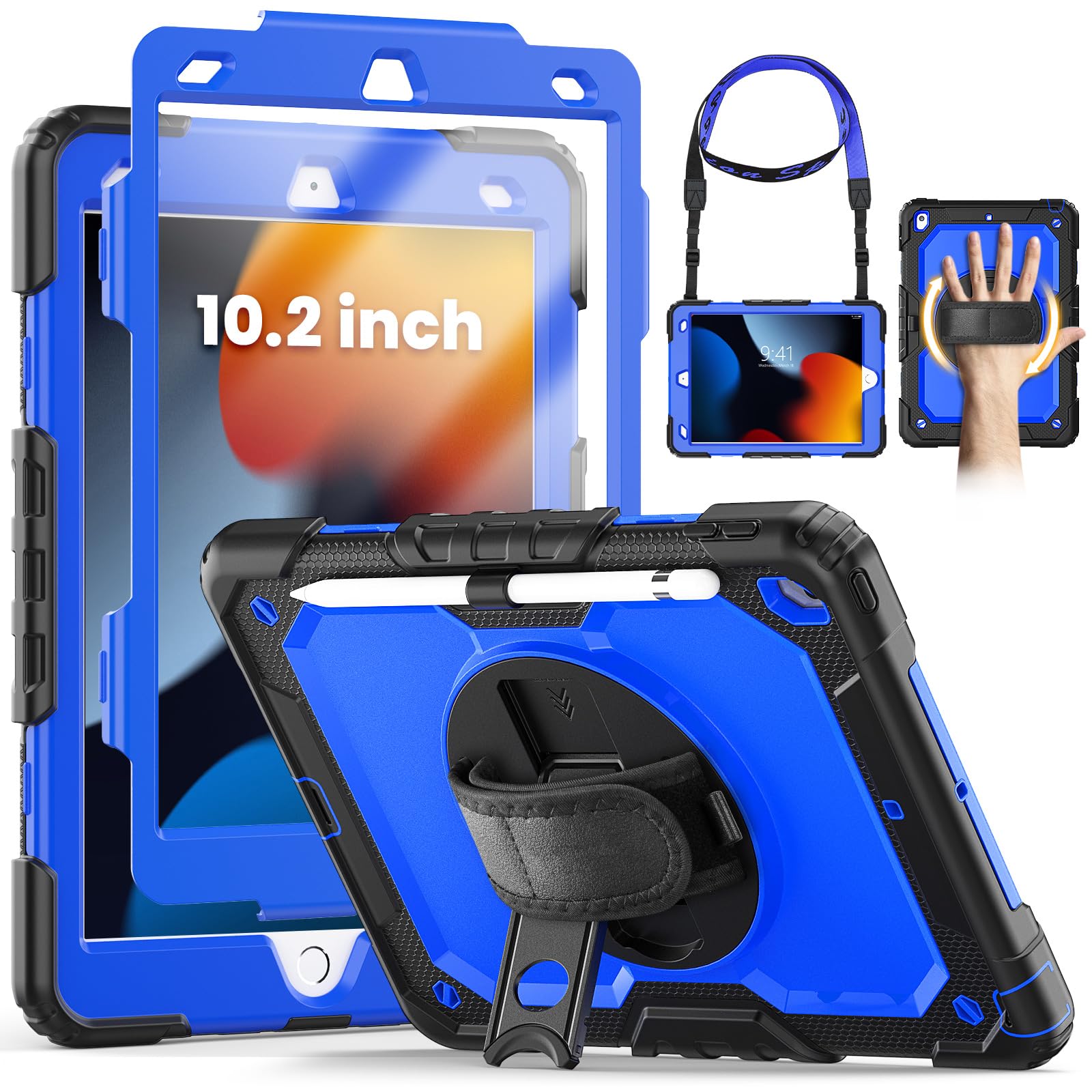 SEYMCY for iPad 9th/8th/7th Generation Case 10.2 inch, Shockproof Sturdy Cover with 360° Rotating Hand Strap & Stand, Screen Protector, Shoulder Strap, Pen Holder for iPad 9/8/7 gen 2021~2019, Blue