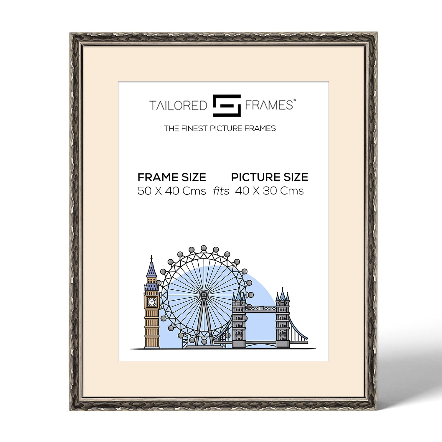 Tailored Frames Vienna Silver 50 X 40 cm Frame for 40 X 30 cm Picture | Rustic Style Vintage Single Picture Frame | Wall Hanging Type | Photo Frame with Antique Mount