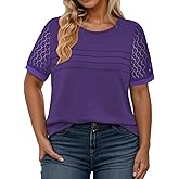 VISLILY Womens-Plus-Size-Summer-Tops Dressy Lace Short Sleeve T Shirts Casual Crewneck Blouses Trendy Pleated Tunics XL-5XL