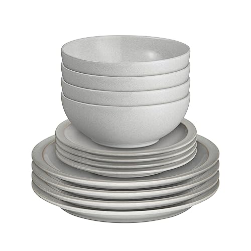 Denby - Dove Grey Dinner Set for 4-12 Piece Ceramic Tableware - Dishwasher & Microwave Safe Crockery - Hand Glazed Stoneware Plate & Bowl Set - Includes 4 x Dinner Plates, Small Plates, Cereal Bowls