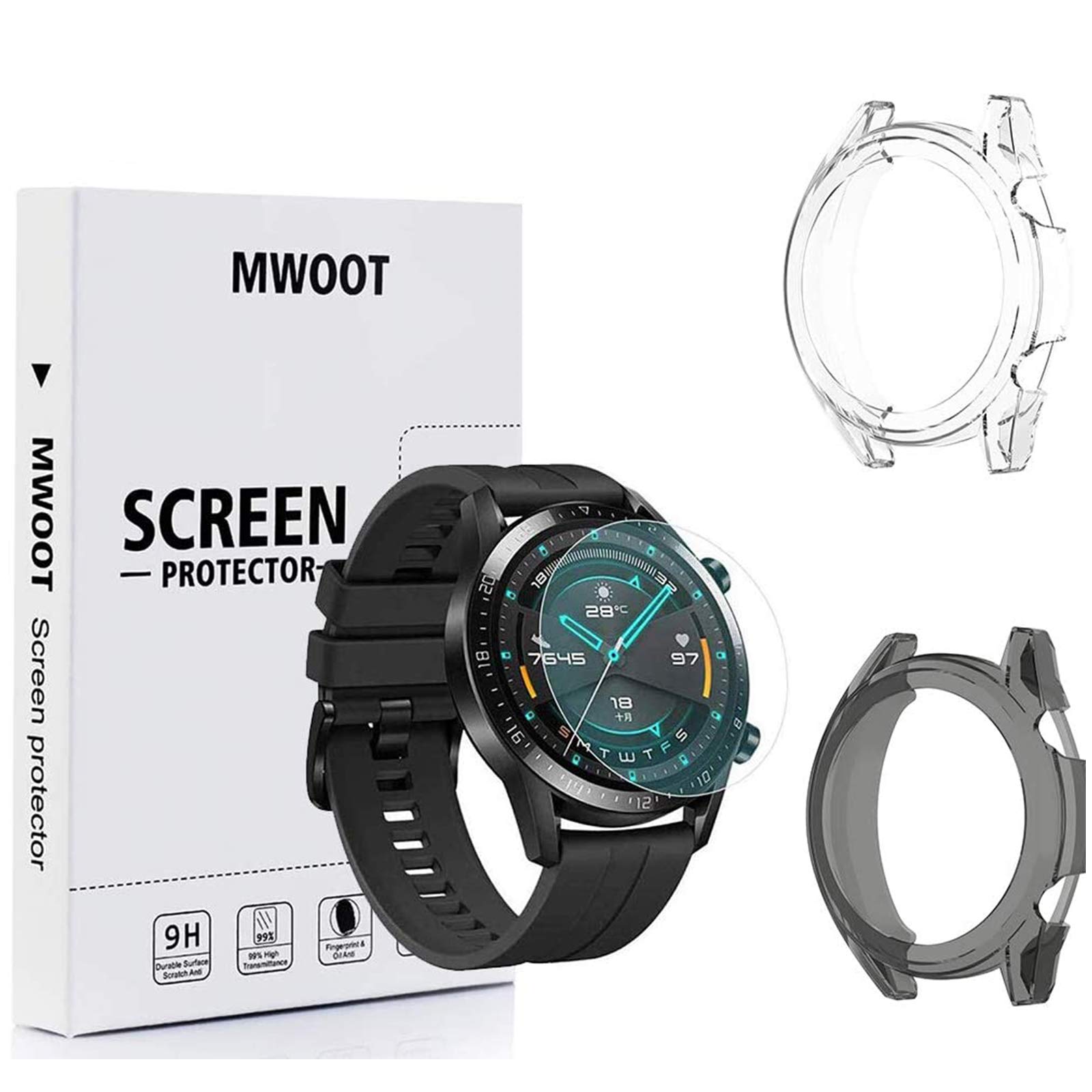MWOOT Compatible with HUAWEI Watch GT2 46MM Screen Protector Glass Tempered [4Pcs] and Silicone Cover for Watch Case Protection [2Pcs], Scratch Resistant Protective Accessories Set [Bumper+Glass Film]