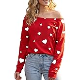 Valentines Shirts for Women Love Heart Graphic Off Shoulder Long Sleeve Shirt Cute Valentine's Day Gifts Tee Tops