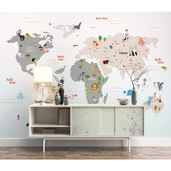 World Map Wall mural , Children Map with animal map wallpaper, Nursery Wall art removable