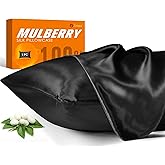 100% Mulberry Silk Pillowcase for Hair and Skin, 22 Momme Pure Natural Silk Pillow Case Both Sided with Zipper, Pillow Cover for Women Mom Men (Black, Standard 20''×26'', 1 Pack)