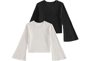 Xumplo T-Shirt for Girls Long Sleeve Flared Shirts Kid V-Neck Knitted Solid Color Top Pullover Clothes Pack of 2