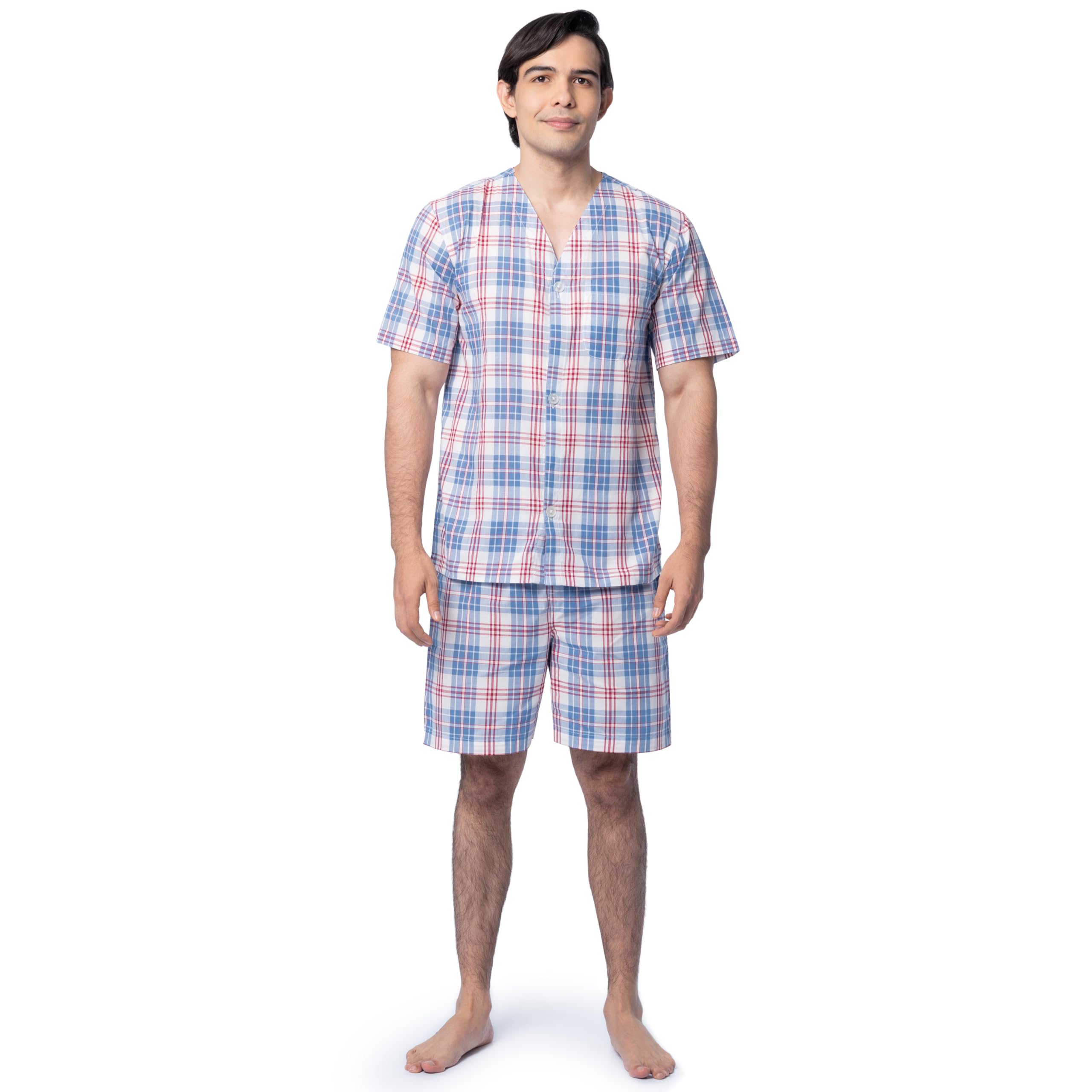 Fruit of the Loom Men's Broadcloth Short Sleeve Pajama Set, Ivory/Blue/Red Plaid, Large Image