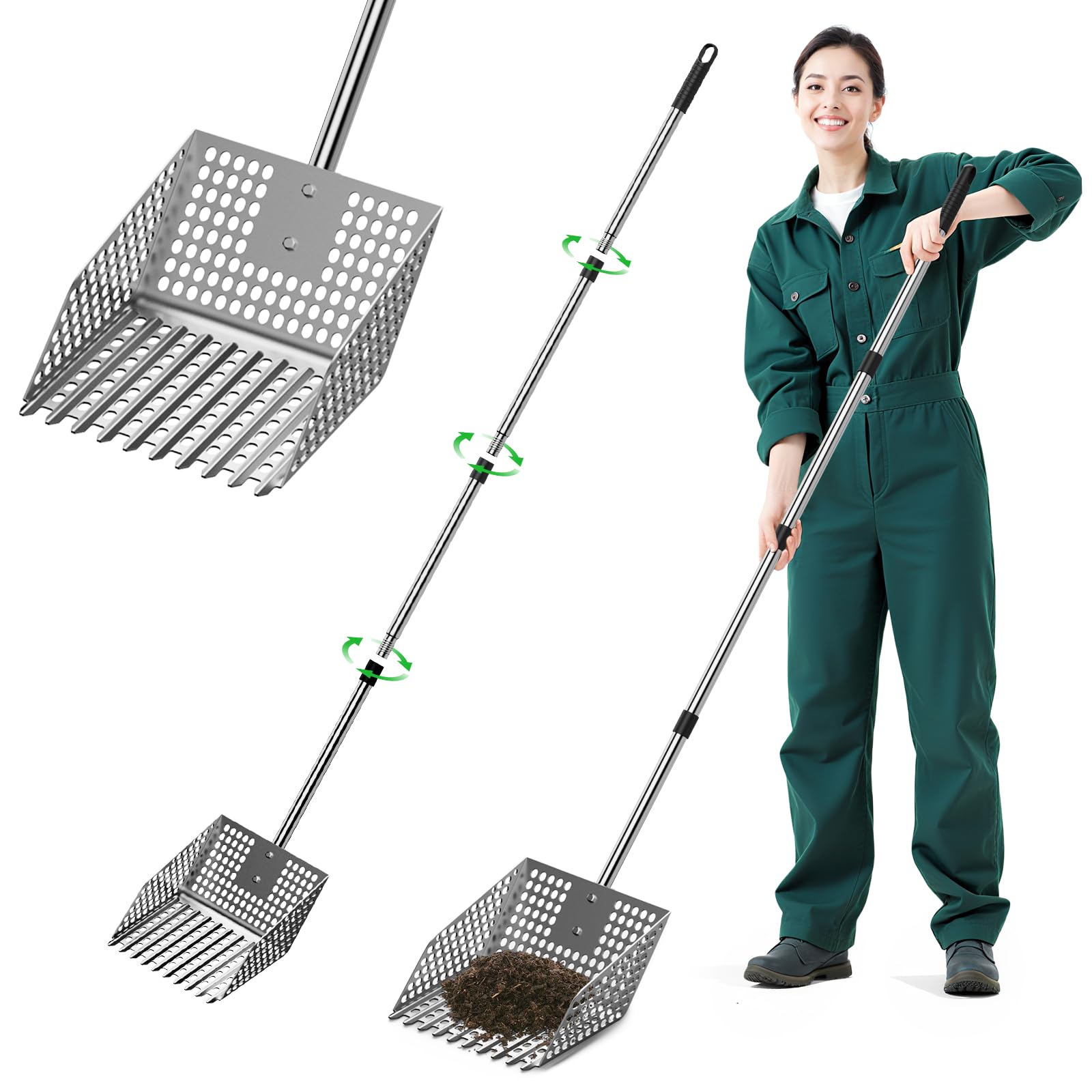 Photo 1 of **MISSING ASSEMBLY PIECES** Sindarhor Stainless Steel Chicken Poop Scooper & Rake - Heavy-Duty 2-in-1 Sand Sifter Shovel with Long Handle Adjustable Length for Coops & Small Farms