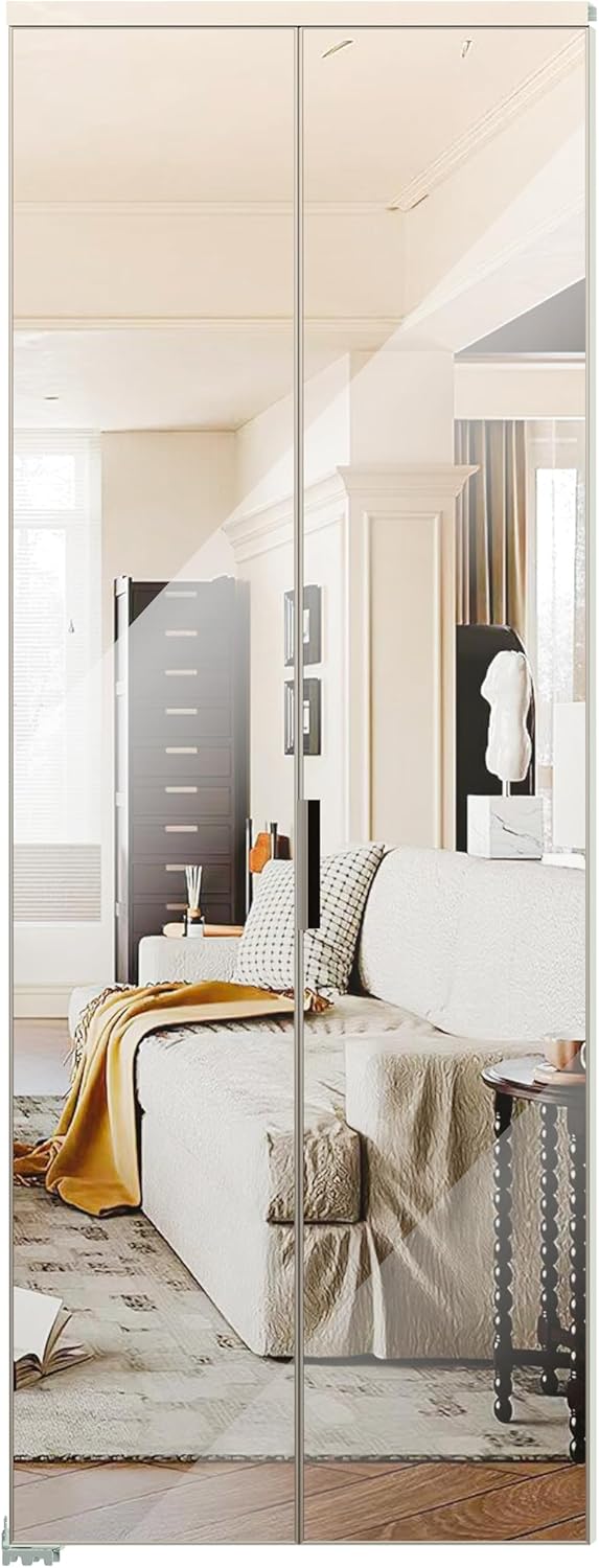 Detailed view of bifold door hardware components: sliding rollers, floor guides, and sliding tracks