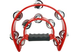 YAYUZEST Half Moon Musical Tambourine Double Row Metal Jingles Hand Held Percussion Tambourines Musical Instrumen with Ergonomic Handle Grip for Adults Church KTV Party (Red)