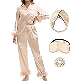 MORFORU Satin Pajama Set for Women Feather Trim Long Sleeve Pjs with Sleep Mask Headband Scrunchie Sleepwear Lounge Set